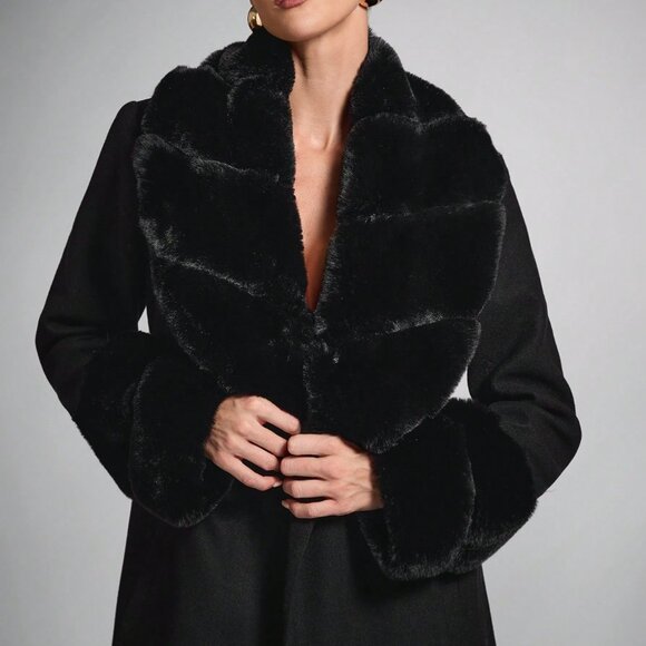 Black Elegant Women's Faux Fur Fluffy Shawl Collar Long Coat - Picture 4 of 7